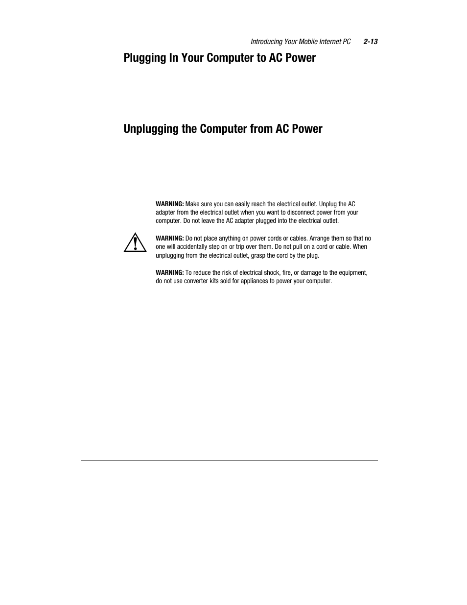Plugging in your computer to ac power, Unplugging the computer from ac power | Compaq 1600 Series User Manual | Page 21 / 54