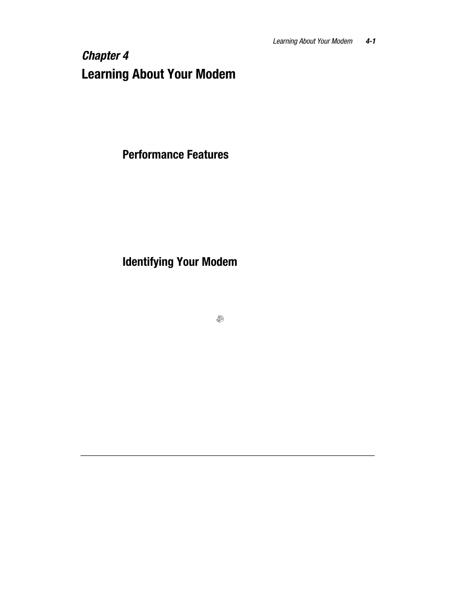 Learning about your modem, Chapter 4, Performance features | Identifying your modem | Compaq 1600 Series User Manual | Page 39 / 54
