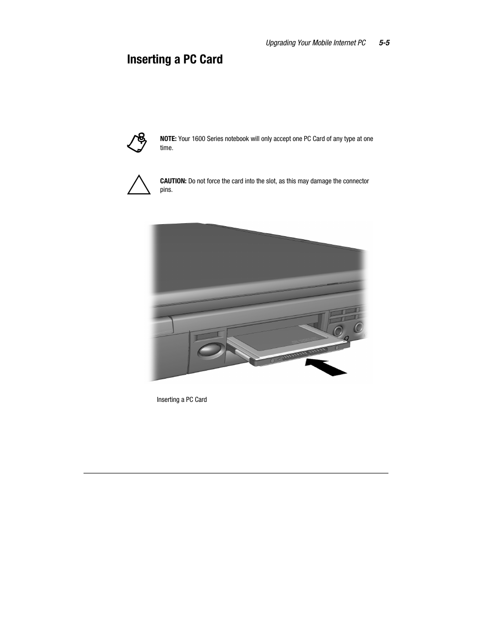 Inserting a pc card | Compaq 1600 Series User Manual | Page 45 / 54