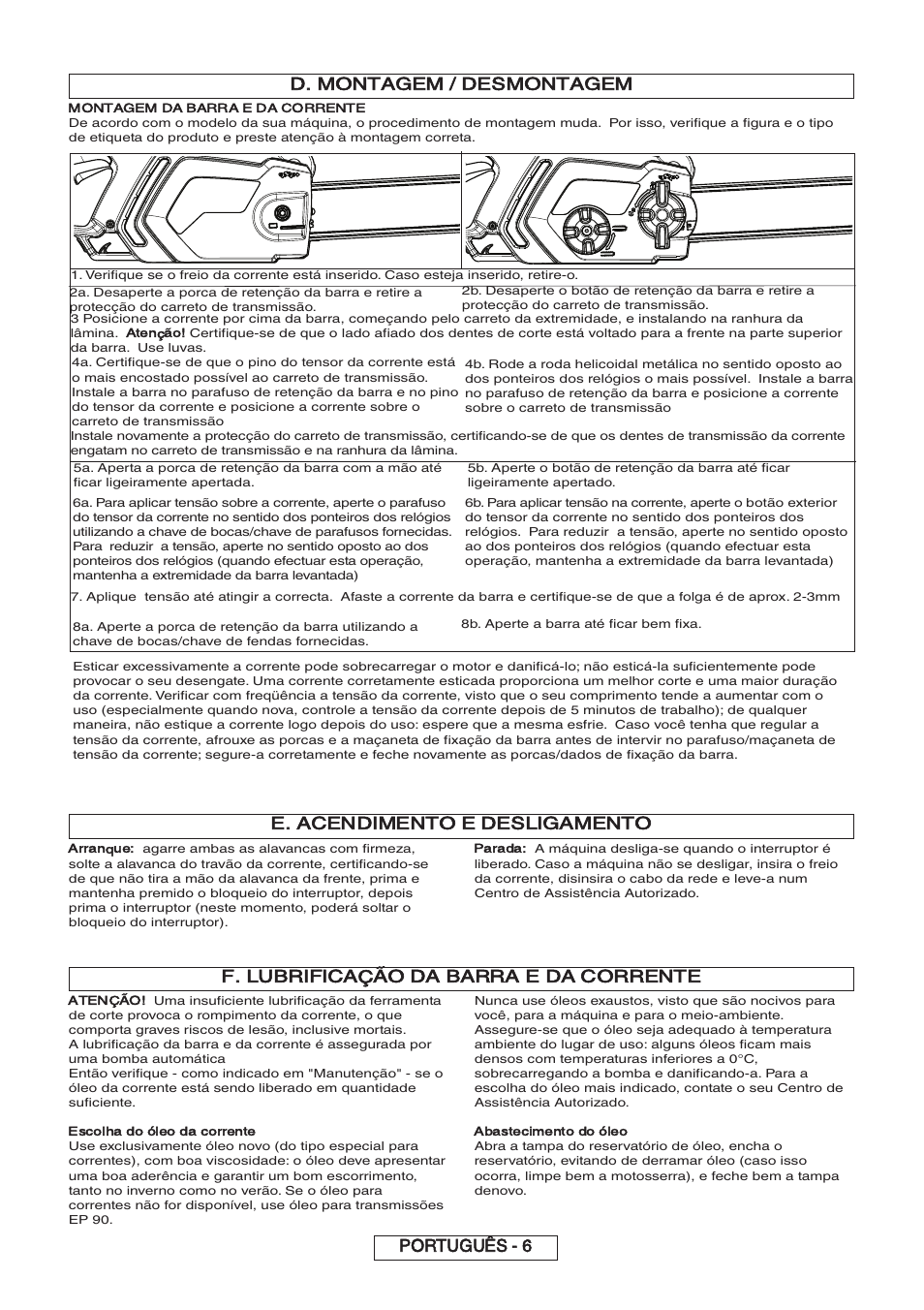 D. montagem / desmontagem, F. lubrificação da barra e da corrente, Português - 6 | E. acendimento e desligamento | Partner P818 2014 User Manual | Page 105 / 288