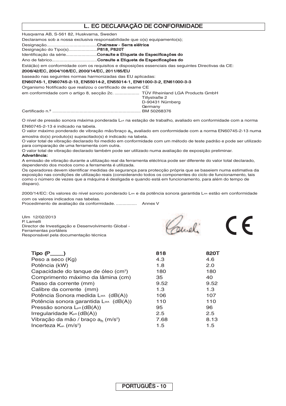 L. ec declaração de conformidade, Português - 10, Tipo (p | Partner P818 2014 User Manual | Page 109 / 288