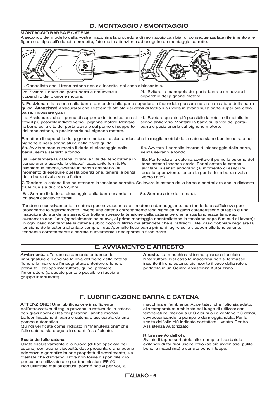 D. montaggio / smontaggio, Italiano - 6, E. avviamento e arresto | F. lubrificazione barra e catena | Partner P818 2014 User Manual | Page 115 / 288