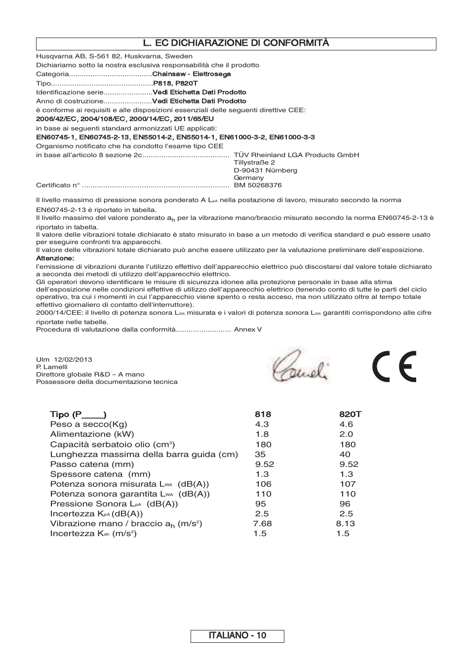 L. ec dichiarazione di conformità, Italiano - 10, Tipo (p | Partner P818 2014 User Manual | Page 119 / 288