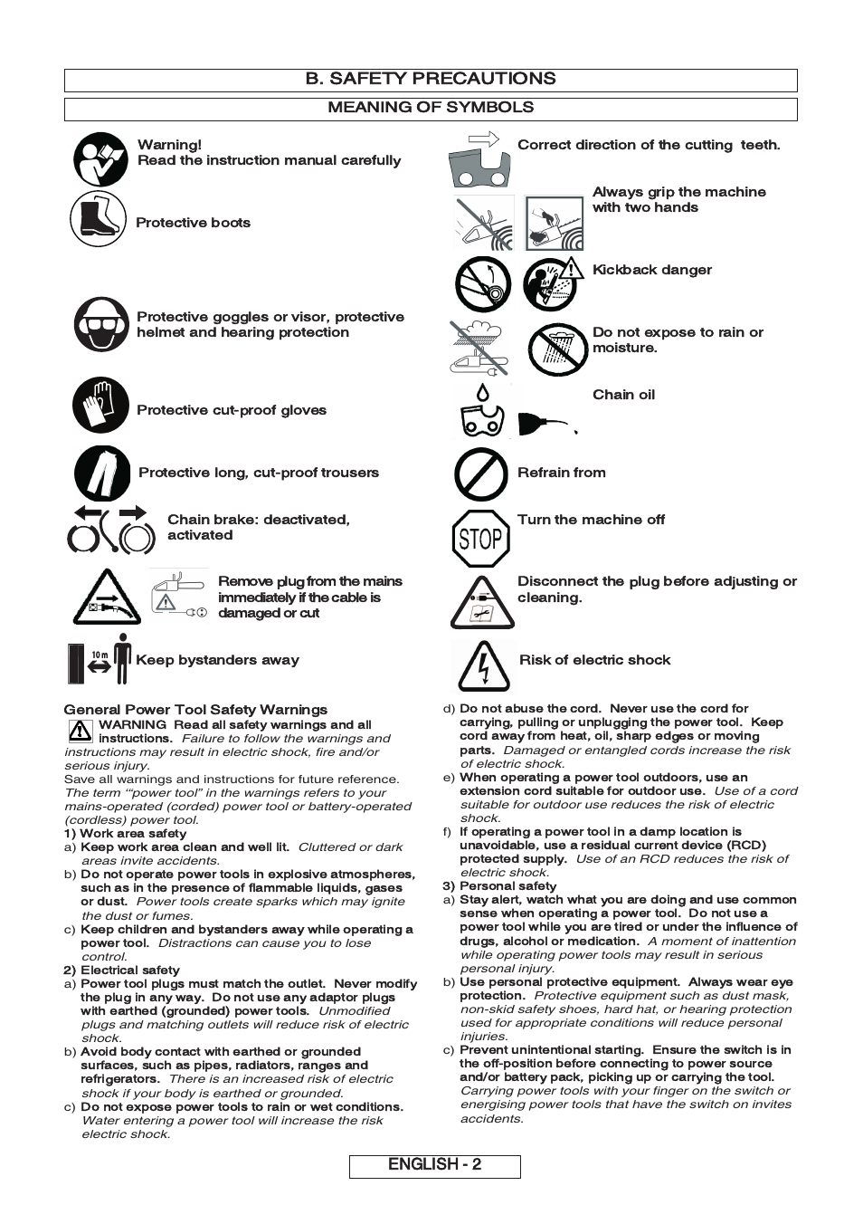 B. safety precautions, English - 2, Meaning of symbols | General power tool safety warnings | Partner P818 2014 User Manual | Page 12 / 288