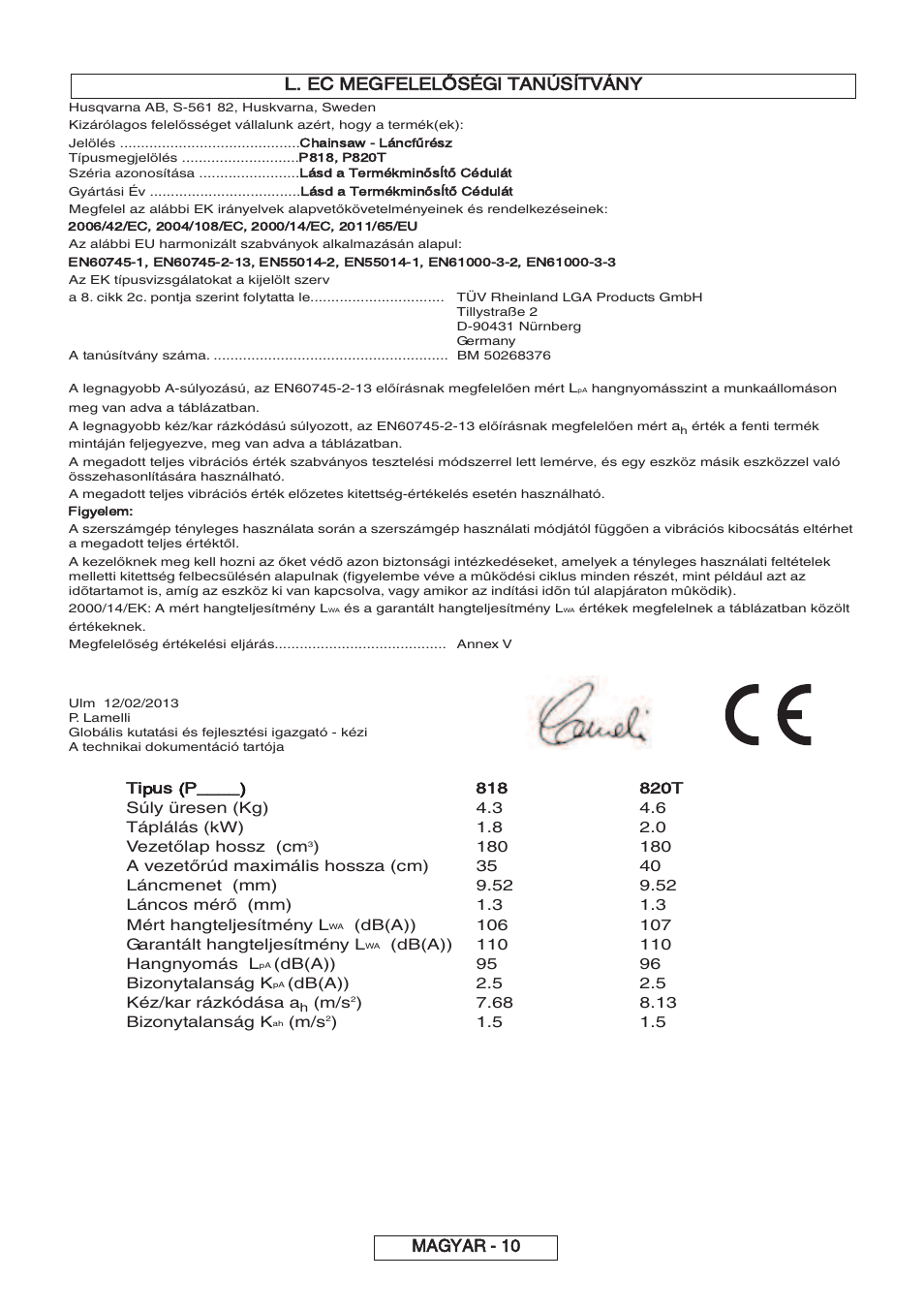 Magyar - 10 l. ec megfelelőségi tanúsítvány, Tipus (p | Partner P818 2014 User Manual | Page 129 / 288