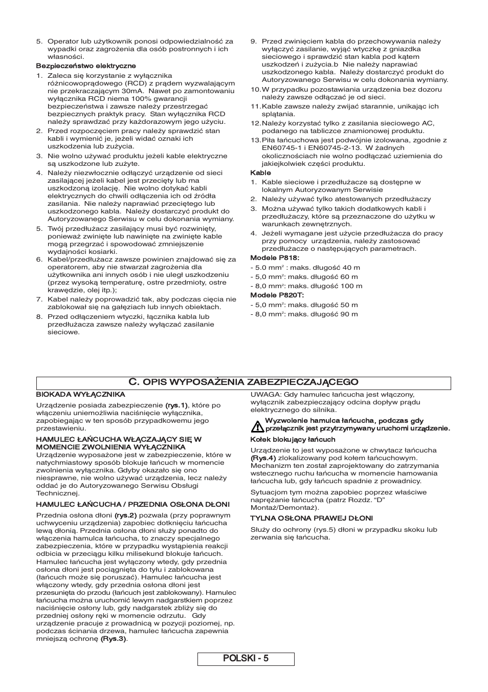 Polski - 5, Opis wyposażenia zabezpieczającego, Bezpieczeństwo elektryczne | Kable, Modele p818, Modele p820t, Blokada w, Rys.1), Hamulec ła, Wmomencie zwolnienia w | Partner P818 2014 User Manual | Page 134 / 288