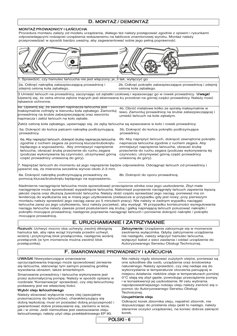 Polski - 6, E. uruchamianie i zatrzymanie, Montaż / demontaż | Smarowanie prowadnicy i łańcucha | Partner P818 2014 User Manual | Page 135 / 288