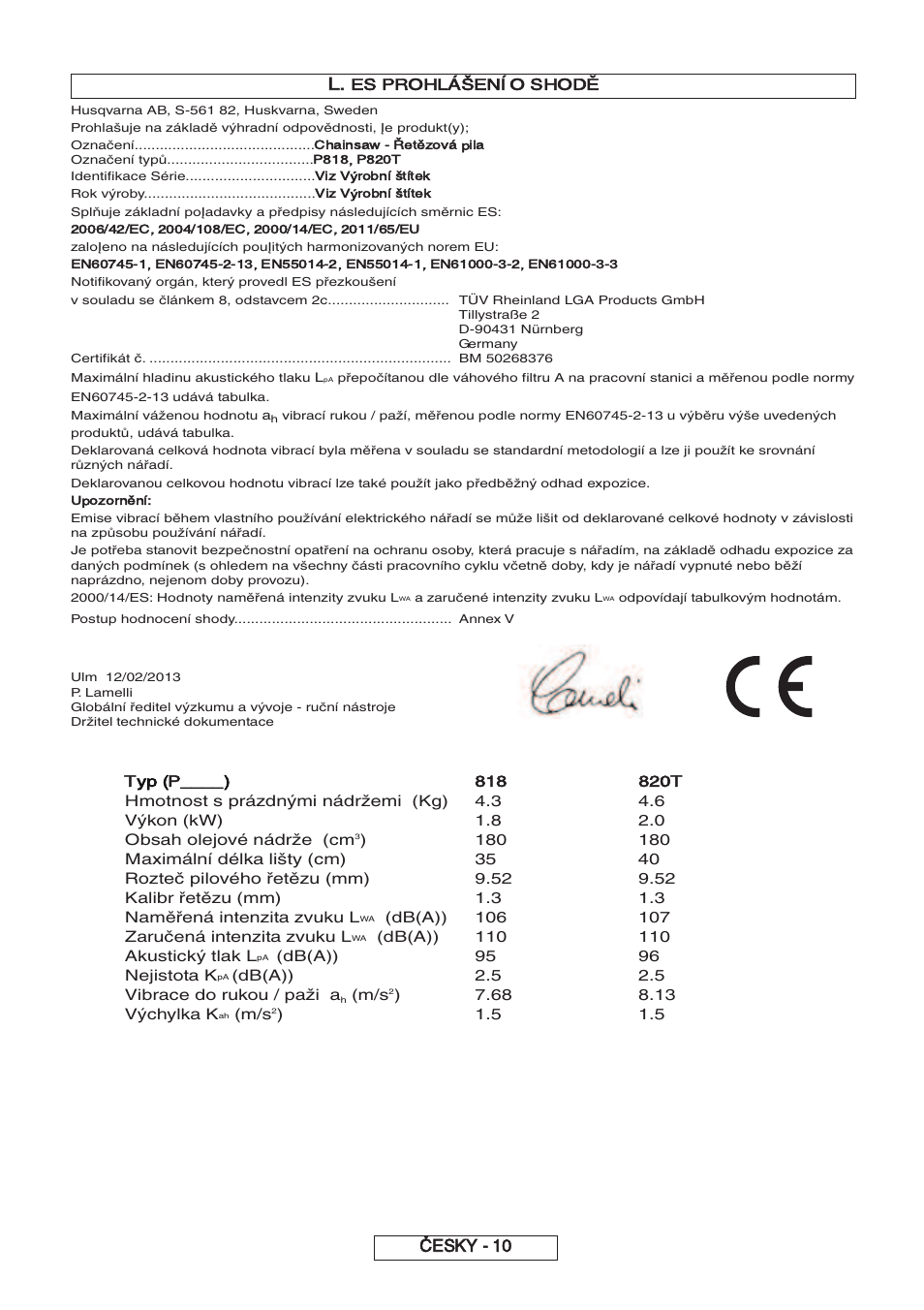 Česky - 10, Es prohlášenĺ o shodě, Typ (p | Partner P818 2014 User Manual | Page 149 / 288