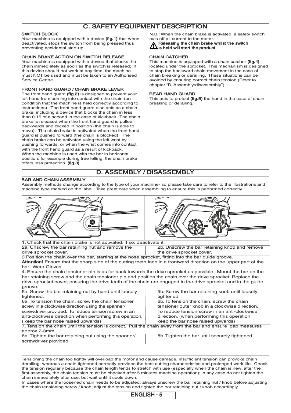 D. assembly / disassembly, English - 5 c. safety equipment description, Attention | Partner P818 2014 User Manual | Page 15 / 288