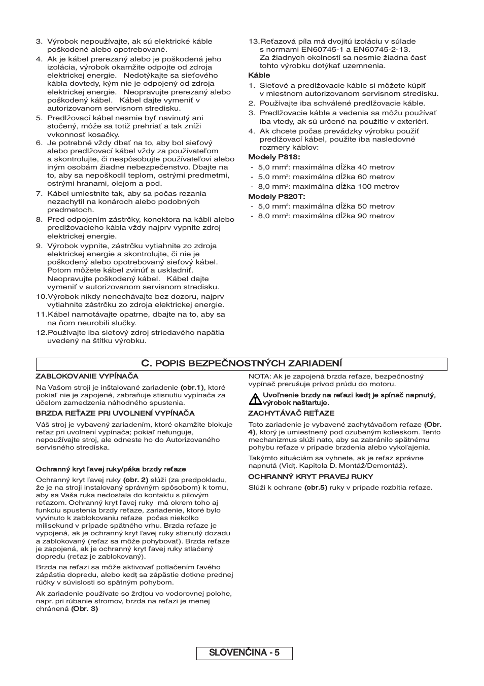 Slovenčina - 5, Popis bezpečnostných zariadení, Káble | Modely p818, Modely p820t | Partner P818 2014 User Manual | Page 154 / 288