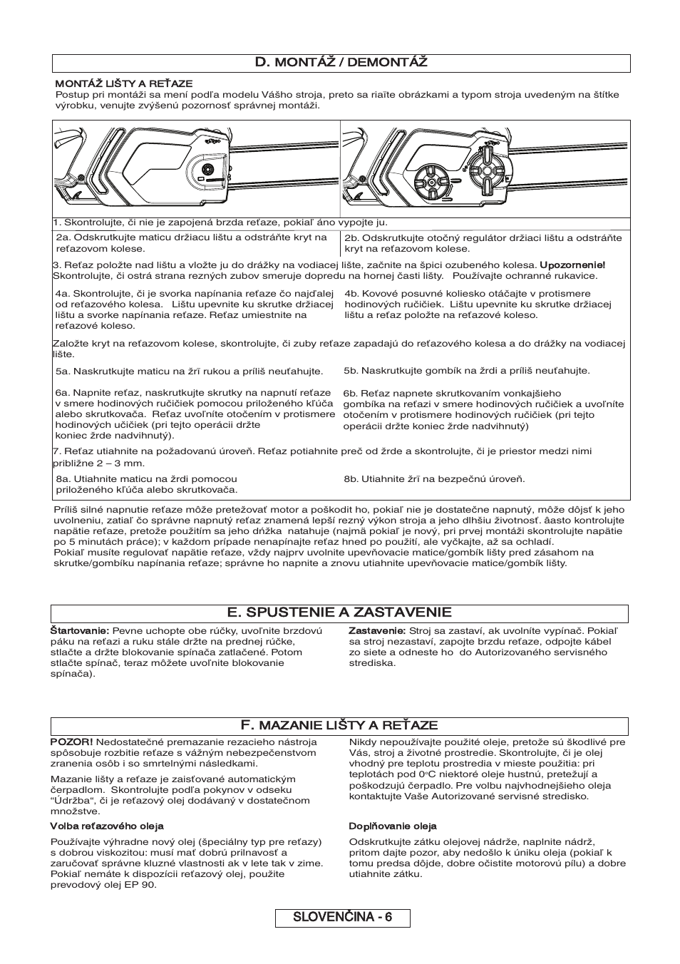 Slovenčina - 6, E. spustenie a zastavenie, Montáž / demontáž | Mazanie lišty a reťaze | Partner P818 2014 User Manual | Page 155 / 288