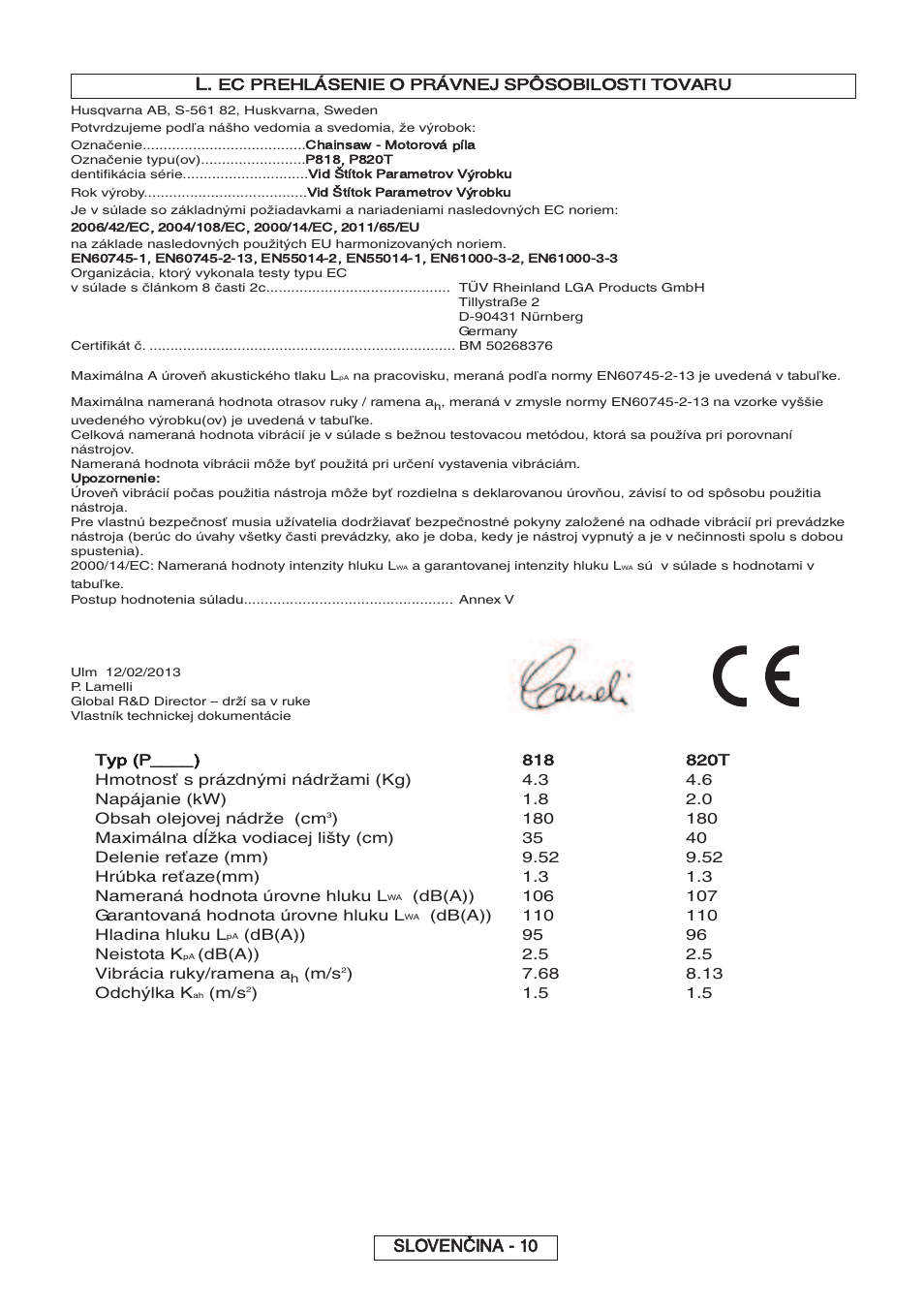 Slovenčina - 10 l, Ec prehlásenie o právnej spôsobilosti tovaru, Typ (p | Partner P818 2014 User Manual | Page 159 / 288