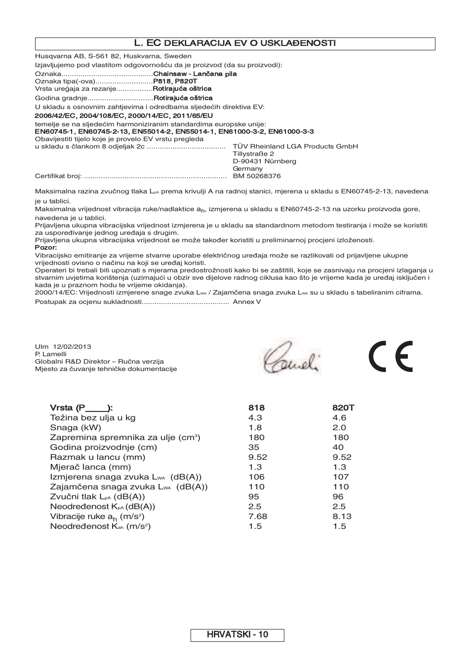 Hrvatski - 10 l. ec, Deklaracija ev o usklađenosti, Vrsta (p | Partner P818 2014 User Manual | Page 179 / 288