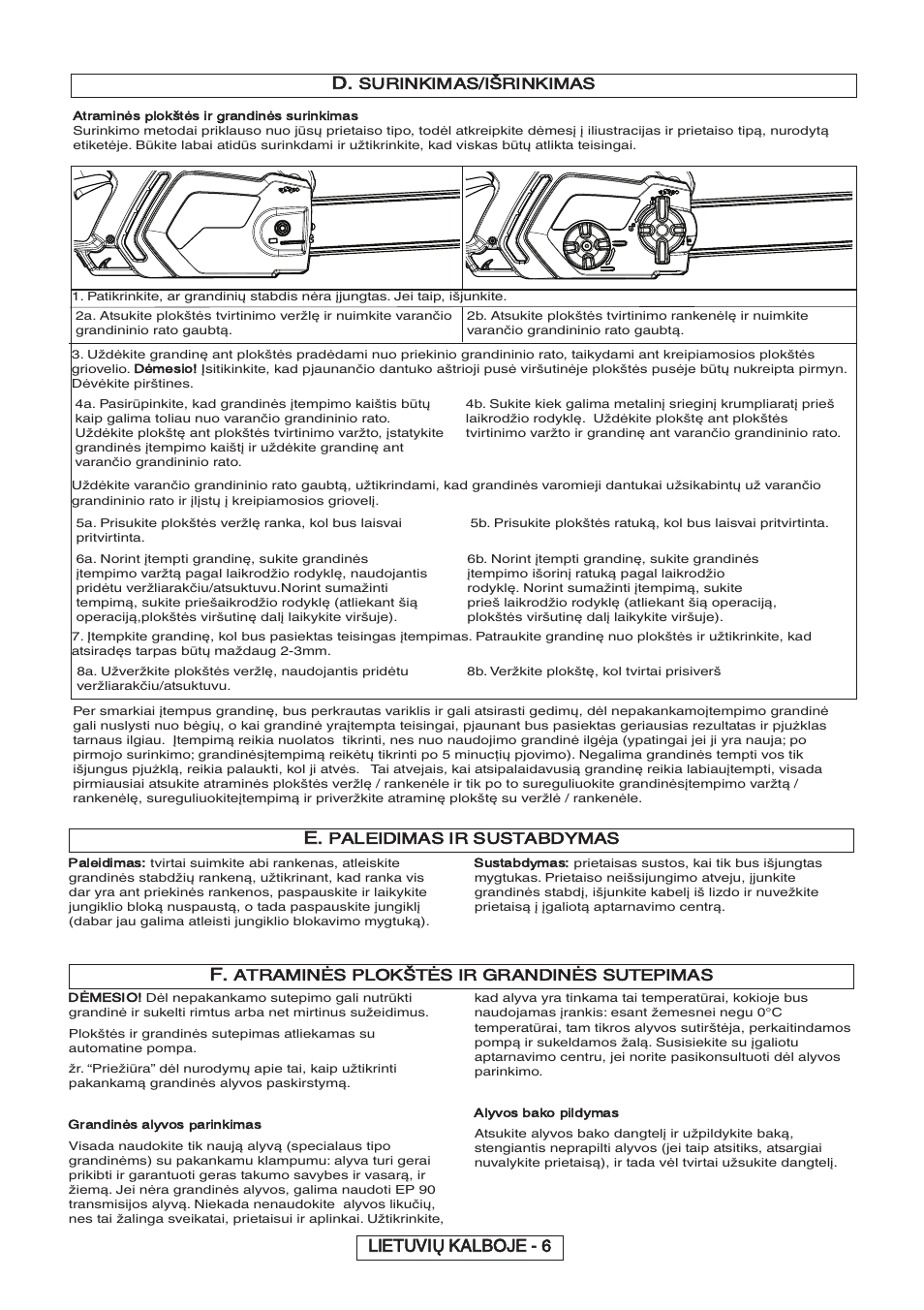 Lietuvių kalboje - 6 d, Surinkimas/išrinkimas, Paleidimas ir sustabdymas | Atraminės plokštės ir grandinės sutepimas | Partner P818 2014 User Manual | Page 185 / 288