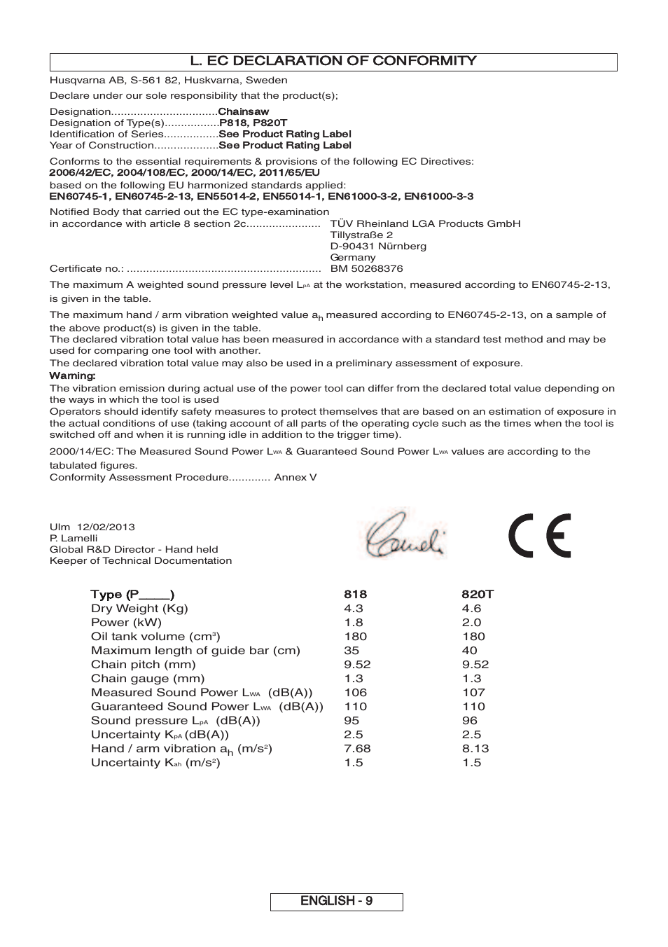 L. ec declaration of conformity english - 9, Type (p, Chainsaw | See product rating label, Warning | Partner P818 2014 User Manual | Page 19 / 288