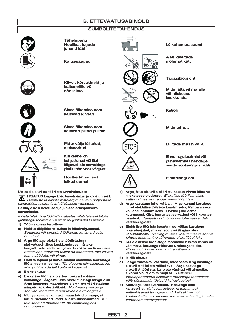 B. ettevaatusabinõud, Eesti - 2, Sümbolite tähendus | Partner P818 2014 User Manual | Page 201 / 288