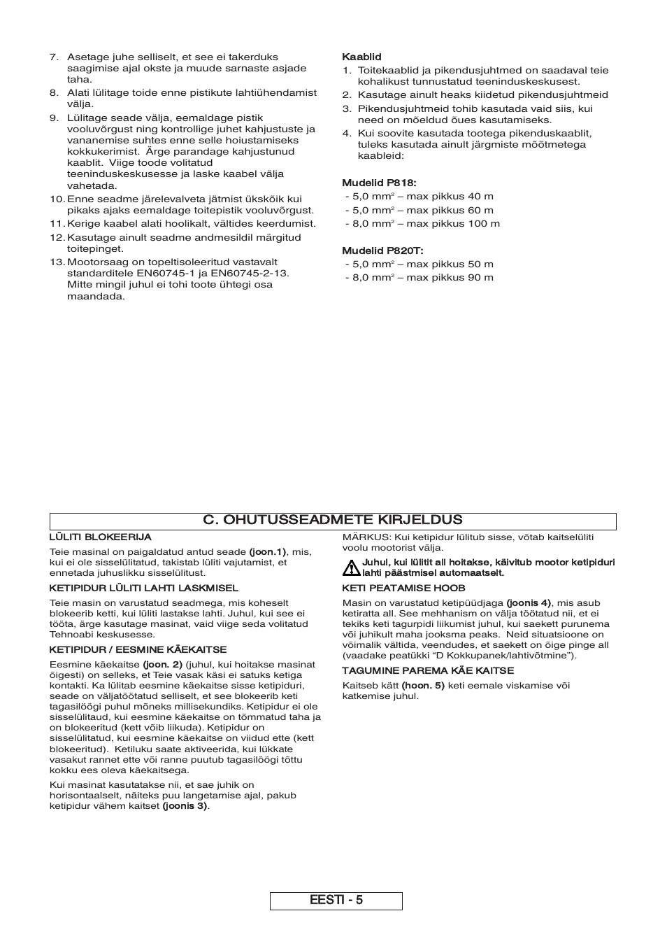 C. ohutusseadmete kirjeldus, Eesti - 5, Kaablid | Mudelid p818, Mudelid p820t | Partner P818 2014 User Manual | Page 204 / 288