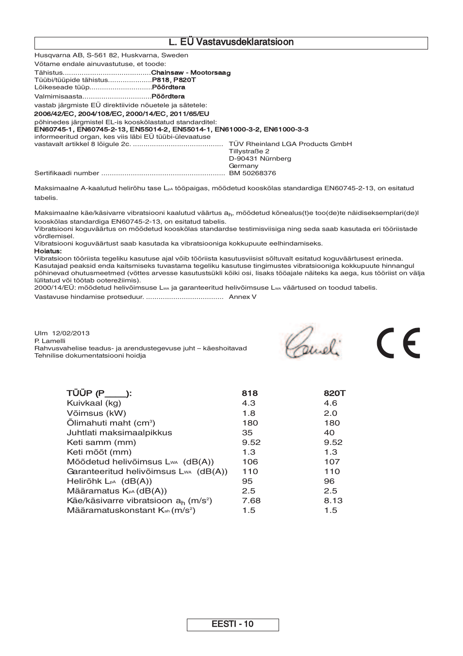 Eü vastavusdeklaratsioon, Eesti - 10 l | Partner P818 2014 User Manual | Page 209 / 288