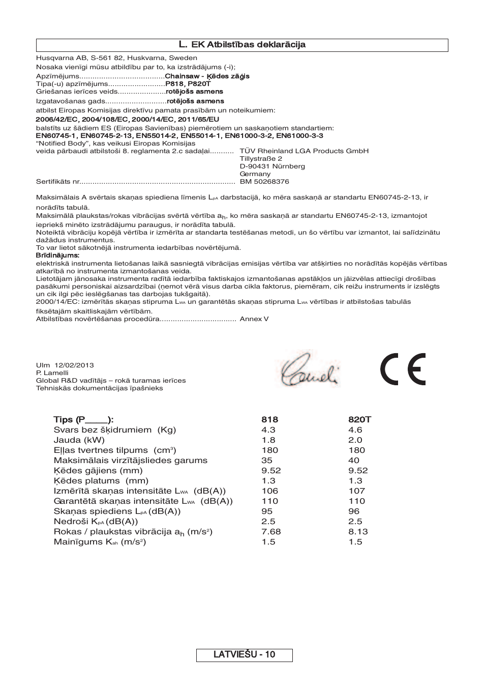 Latviešu - 10, Ek atbilstības deklarācija, Tips (p | Partner P818 2014 User Manual | Page 219 / 288