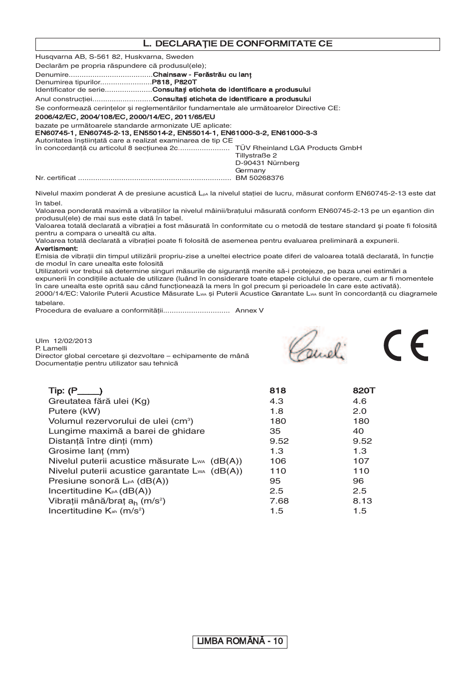 Limba română - 10 l, Declara, De conformitate ce | Tip: (p | Partner P818 2014 User Manual | Page 229 / 288