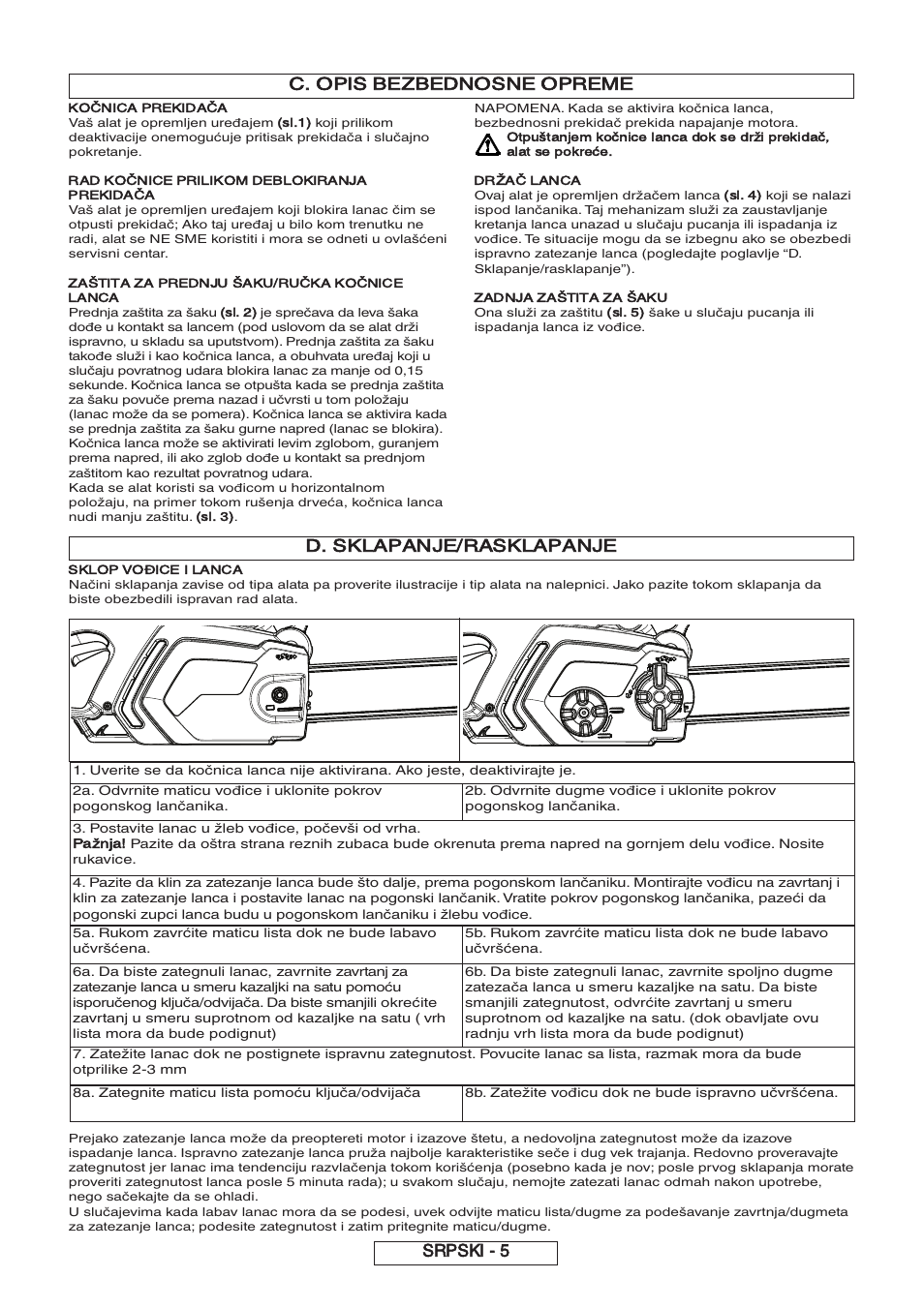 D. sklapanje/rasklapanje, Srpski - 5 c. opis bezbednosne opreme, Pažnja | Partner P818 2014 User Manual | Page 255 / 288