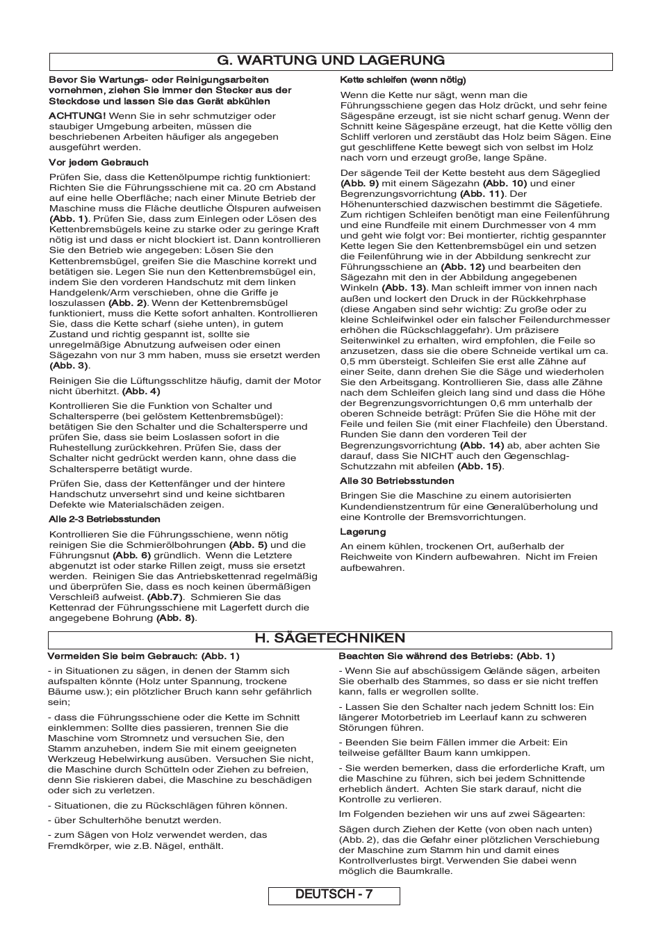 G. wartung und lagerung, Deutsch - 7 h. sägetechniken | Partner P818 2014 User Manual | Page 26 / 288