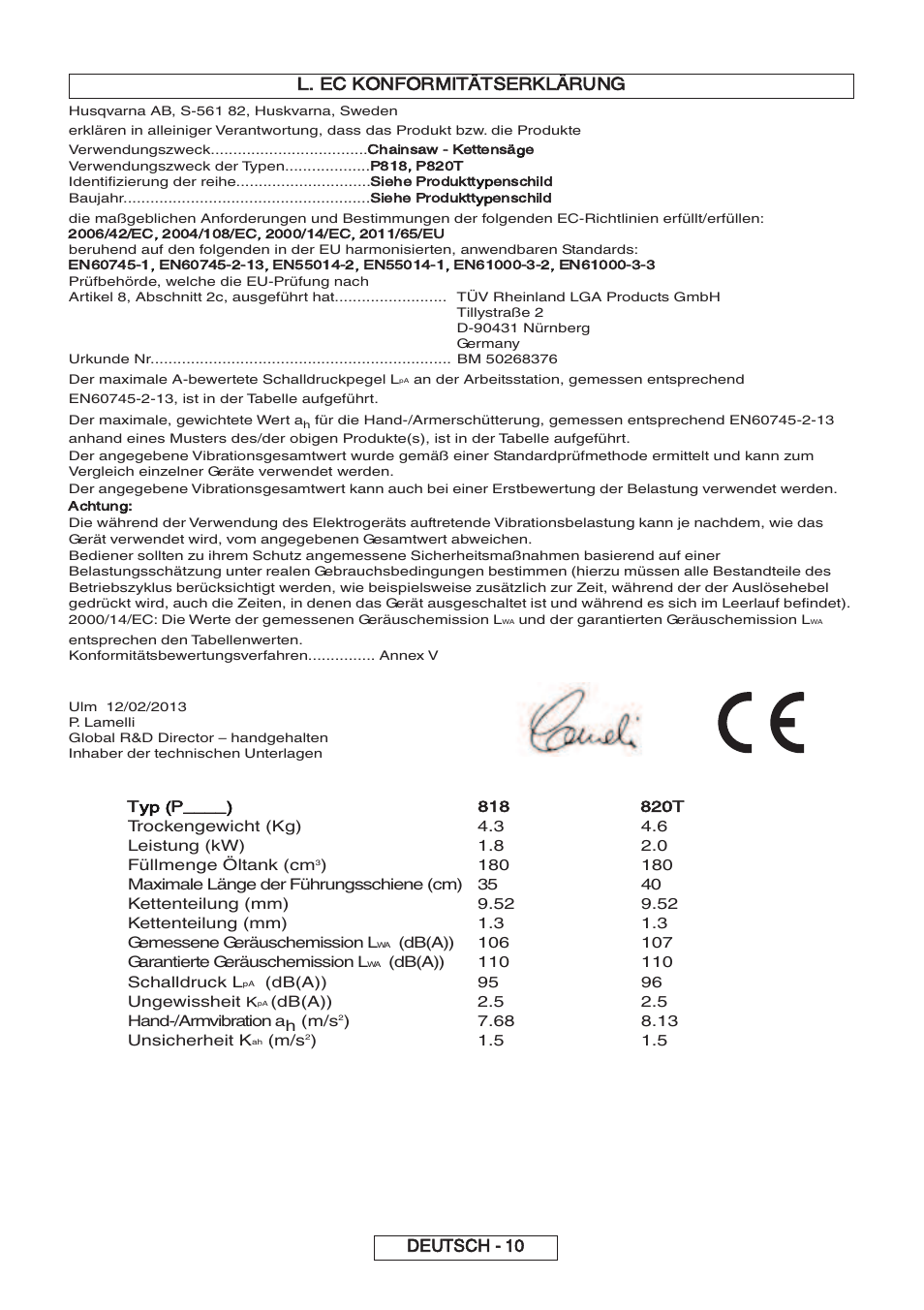 Deutsch - 10 l. ec konformitätserklärung, Typ (p, Chainsaw - kettensäge | Siehe produkttypenschild, Achtung | Partner P818 2014 User Manual | Page 29 / 288