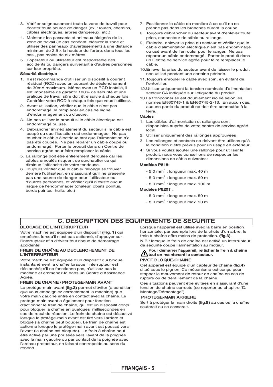 C. description des equipements de securite, Français - 5, Sécurité électrique | Câbles, Modèles p818, Modèles p820t, Blocage de l’interrupteur, Fig. 1), Frein de chaîne au declenchement de l’interrupteur, Frein de chaine / protege-main avant | Partner P818 2014 User Manual | Page 34 / 288