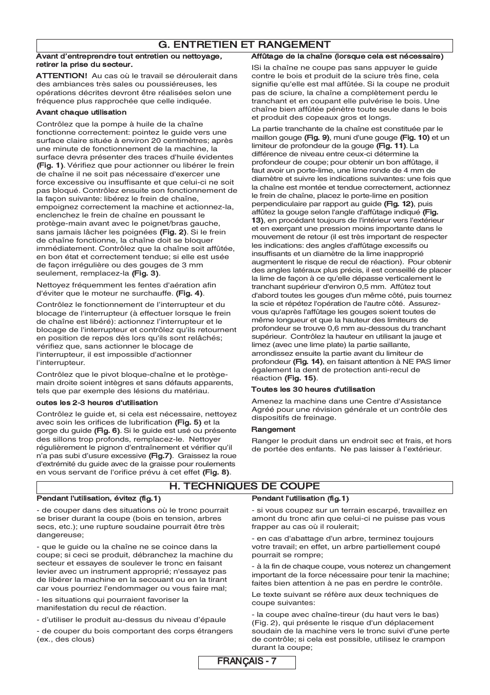 H. techniques de coupe g. entretien et rangement, Français - 7 | Partner P818 2014 User Manual | Page 36 / 288