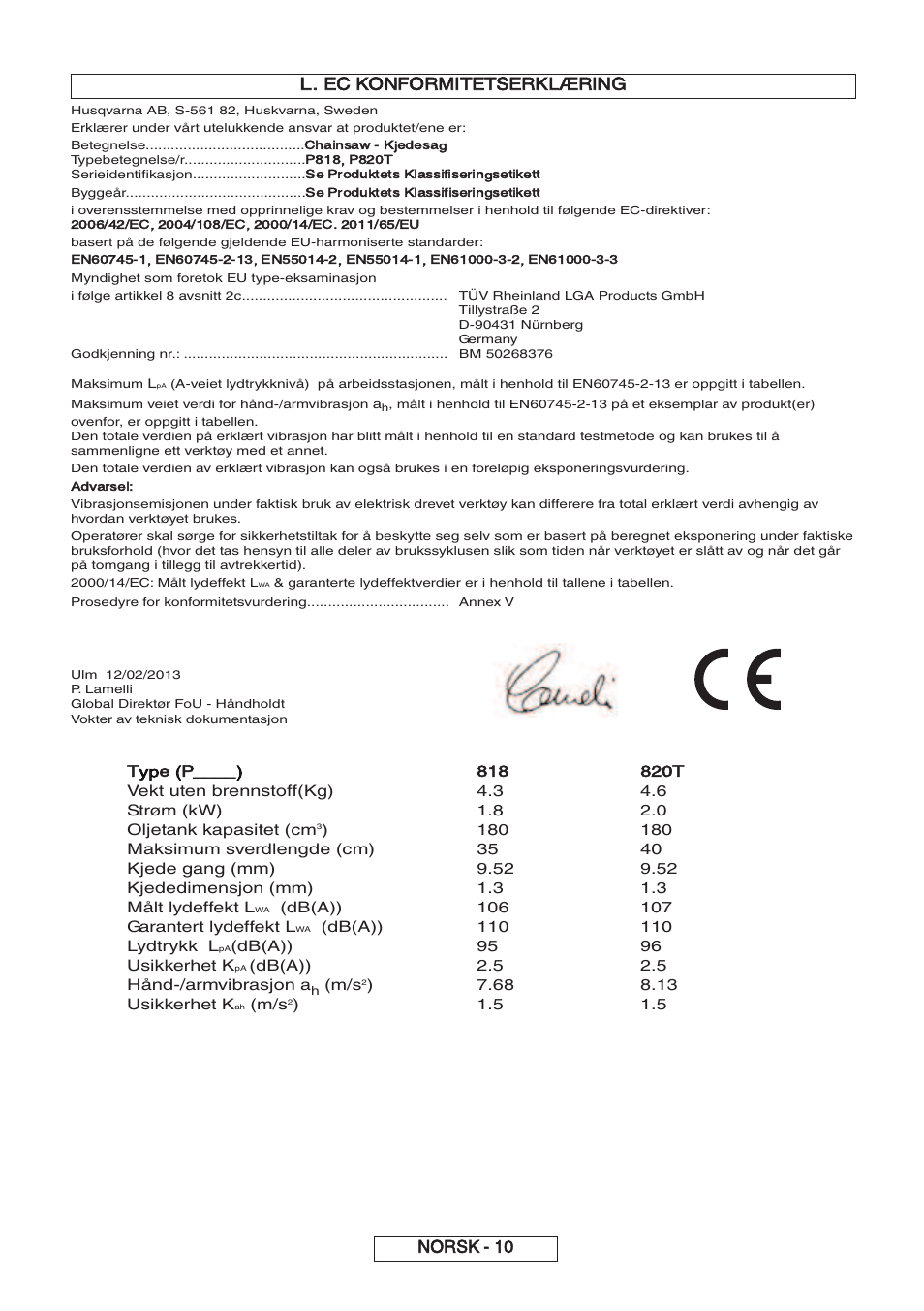 Norsk - 10 l. ec konformitetserklæring, Type (p | Partner P818 2014 User Manual | Page 59 / 288