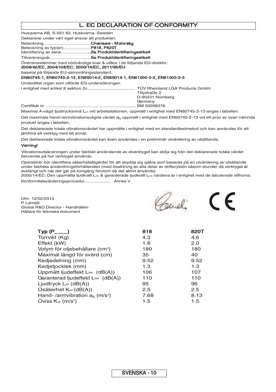 Svenska - 10 l. ec declaration of conformity, Typ (p | Partner P818 2014 User Manual | Page 79 / 288