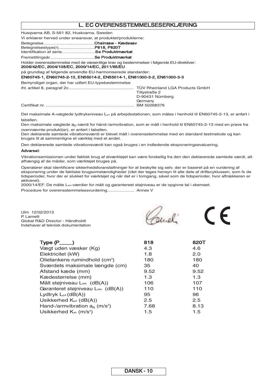 Dansk - 10 l. ec overensstemmelseserklæring, Type (p | Partner P818 2014 User Manual | Page 89 / 288