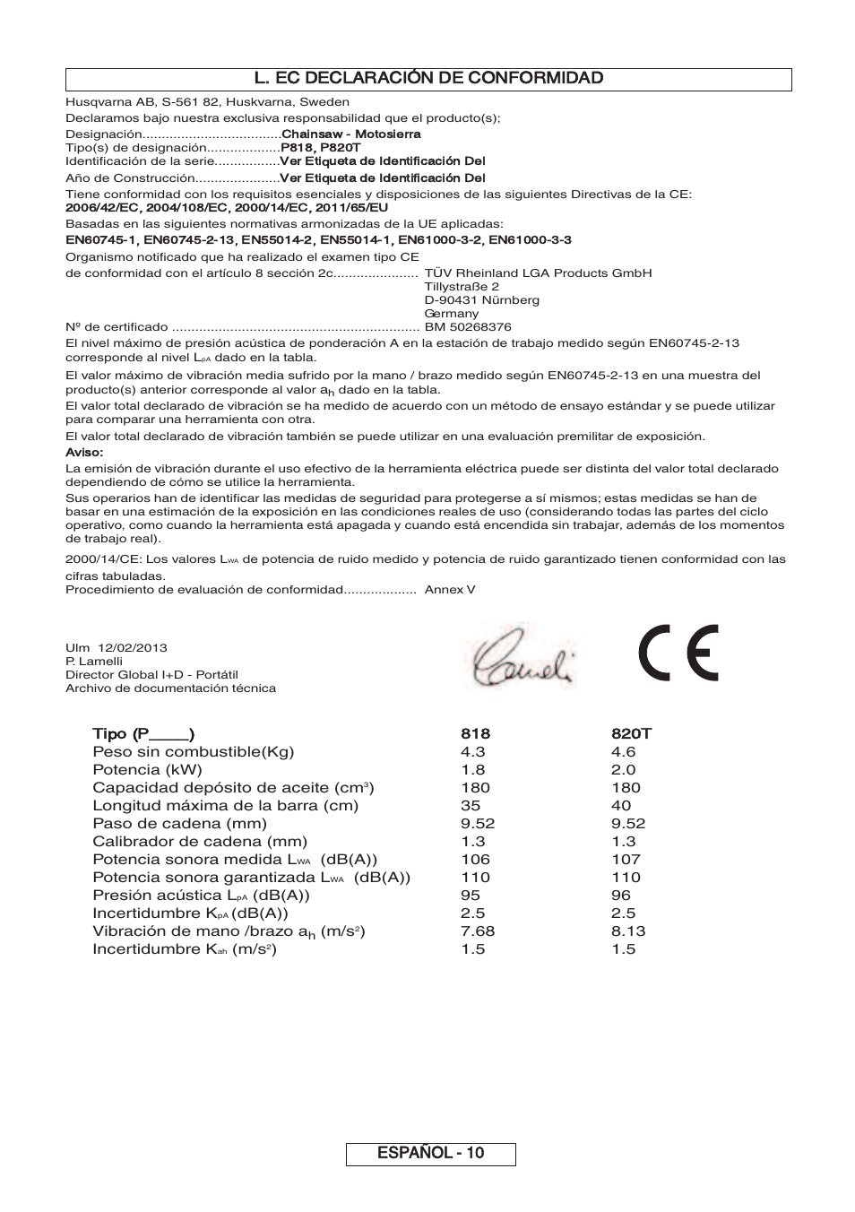 Español - 10 l. ec declaración de conformidad, Tipo (p | Partner P818 2014 User Manual | Page 99 / 288