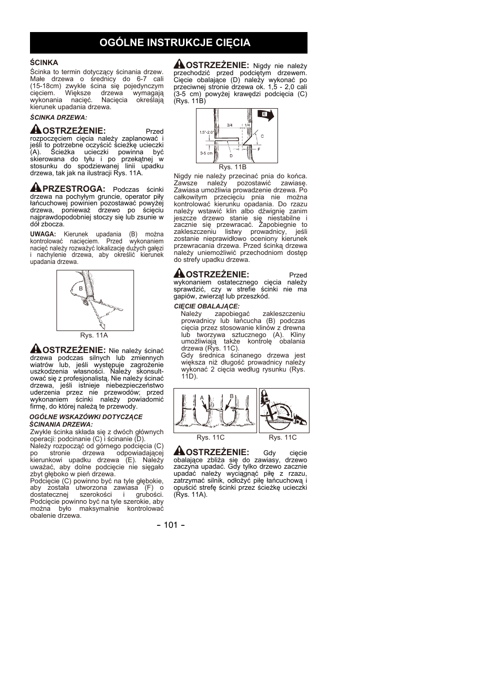 Ogólne instrukcje cięcia, Ostrzeżenie, Przestroga | Partner P350S 2014 User Manual | Page 101 / 124