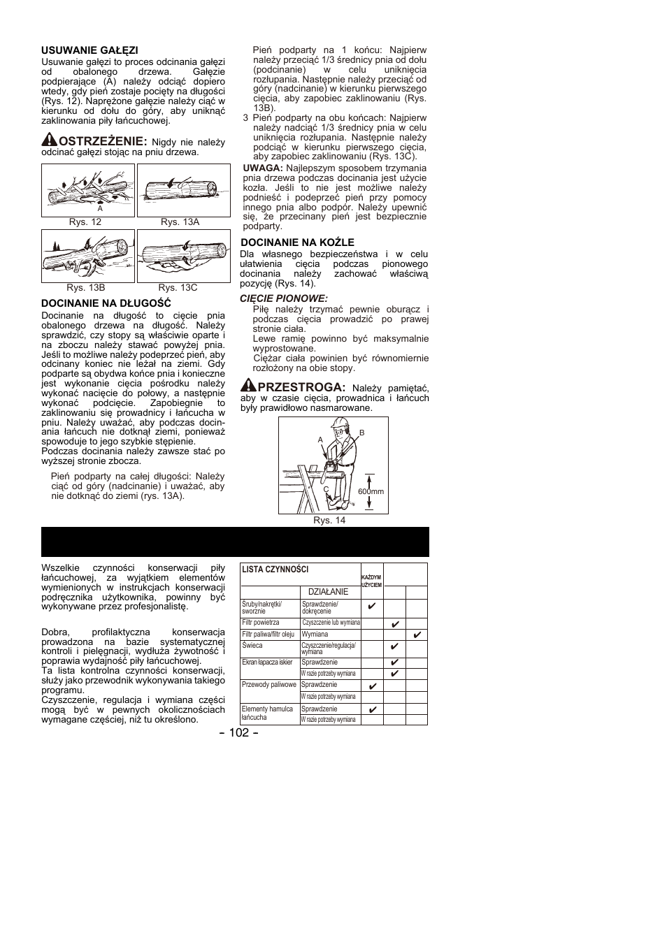 Instrukcje konserwacji, Ostrzeżenie, Przestroga | Partner P350S 2014 User Manual | Page 102 / 124
