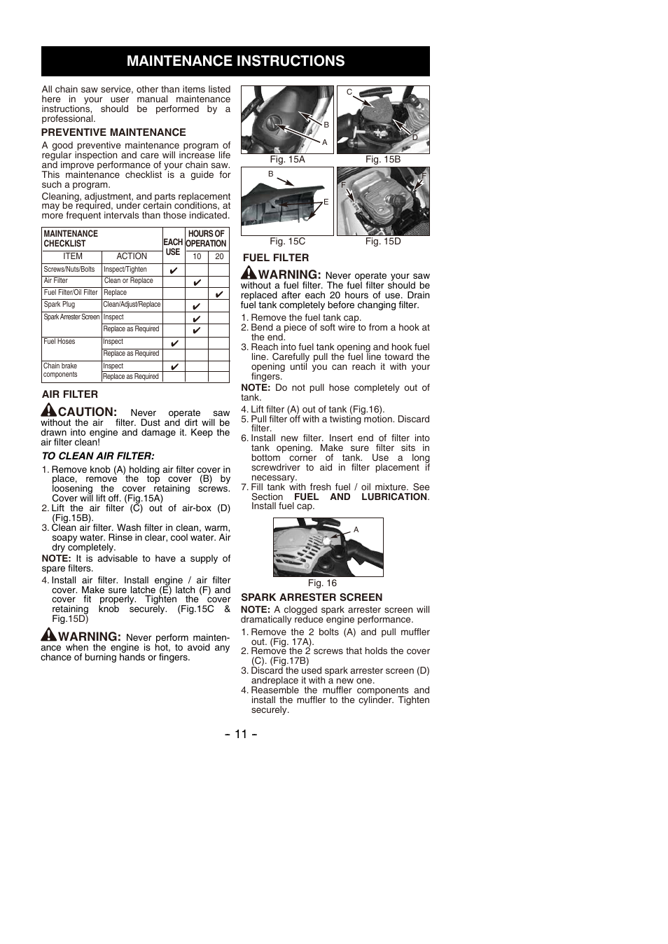 Maintenance instructions, Warning, Caution | Partner P350S 2014 User Manual | Page 11 / 124