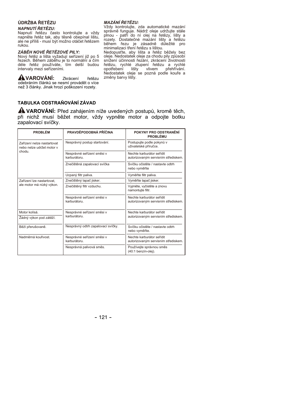 Varování | Partner P350S 2014 User Manual | Page 121 / 124