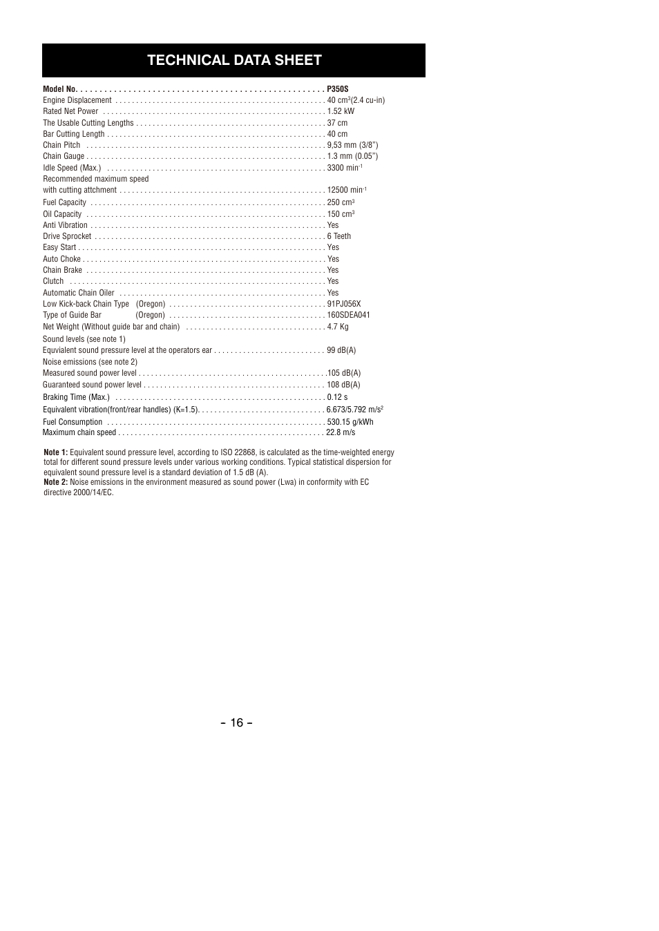 Technical data sheet | Partner P350S 2014 User Manual | Page 16 / 124