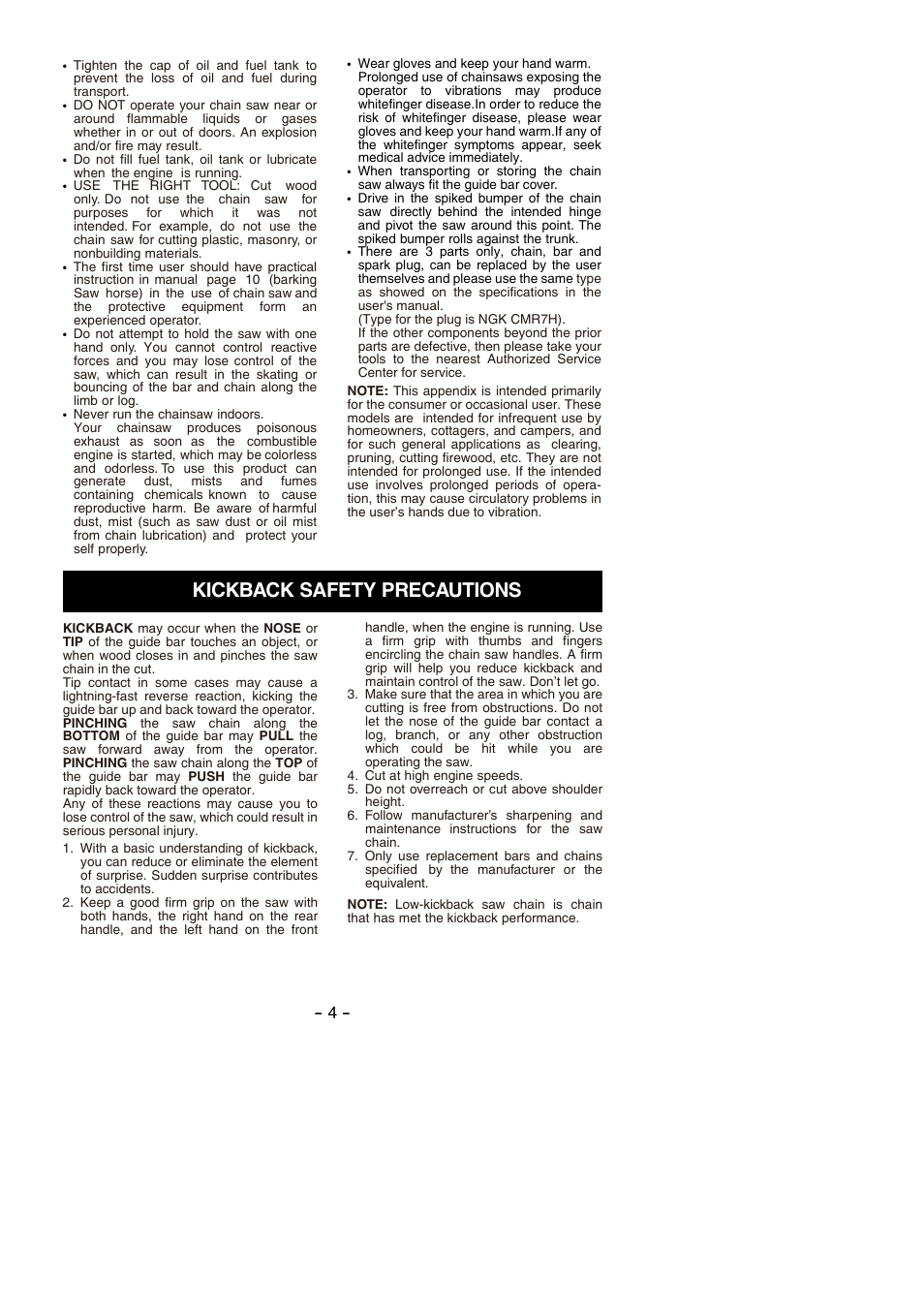 Kickback safety precautions | Partner P350S 2014 User Manual | Page 4 / 124