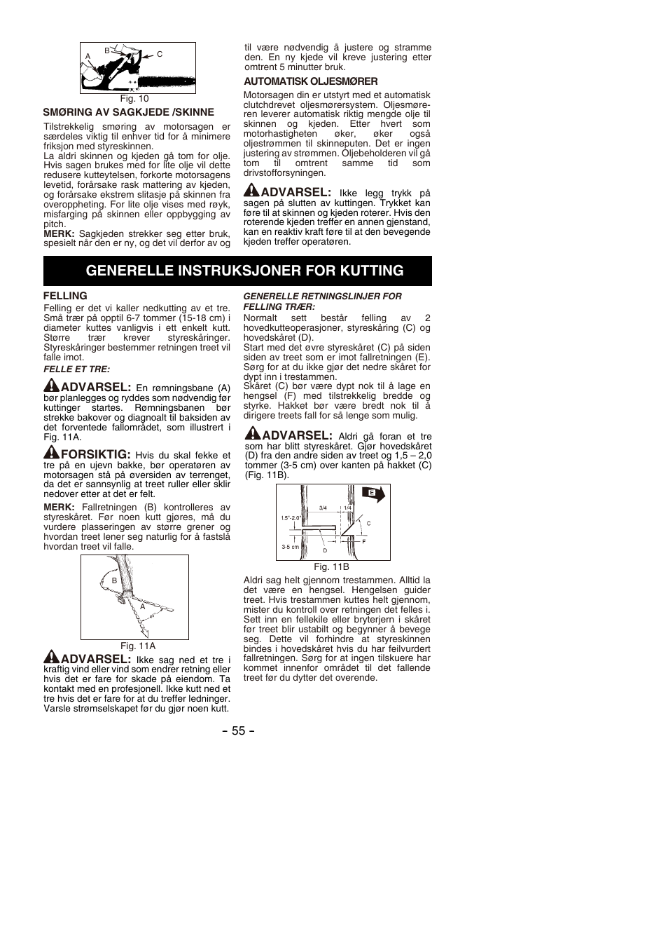 Generelle instruksjoner for kutting, Advarsel, Forsiktig | Partner P350S 2014 User Manual | Page 55 / 124