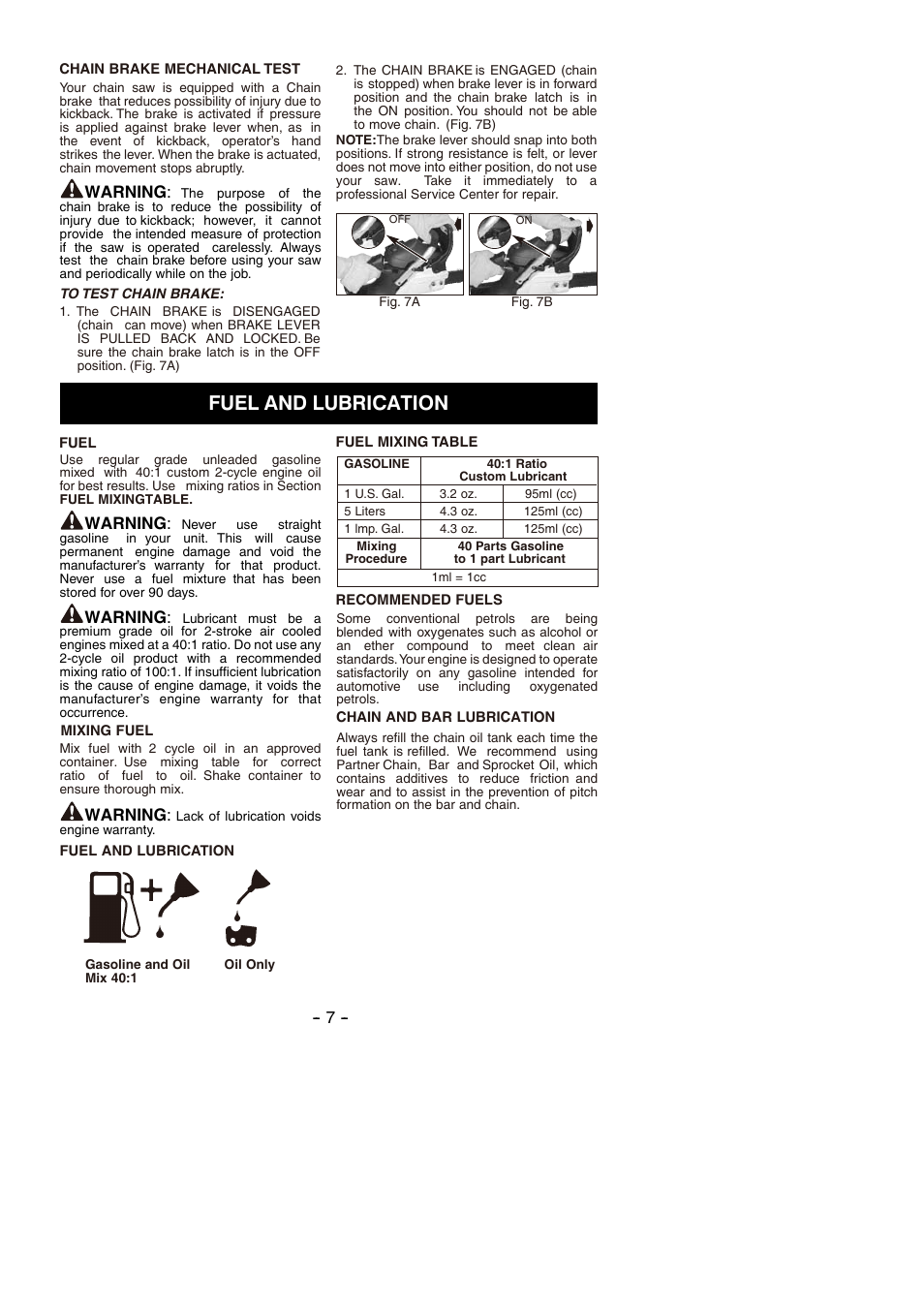 Fuel and lubrication, Warning | Partner P350S 2014 User Manual | Page 7 / 124
