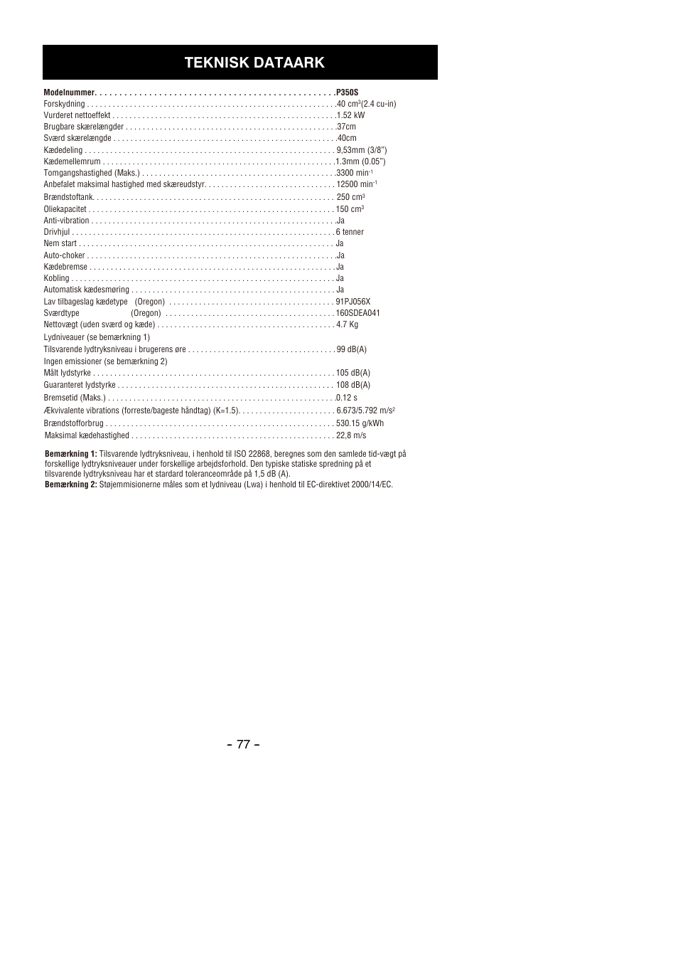 Teknisk dataark | Partner P350S 2014 User Manual | Page 77 / 124