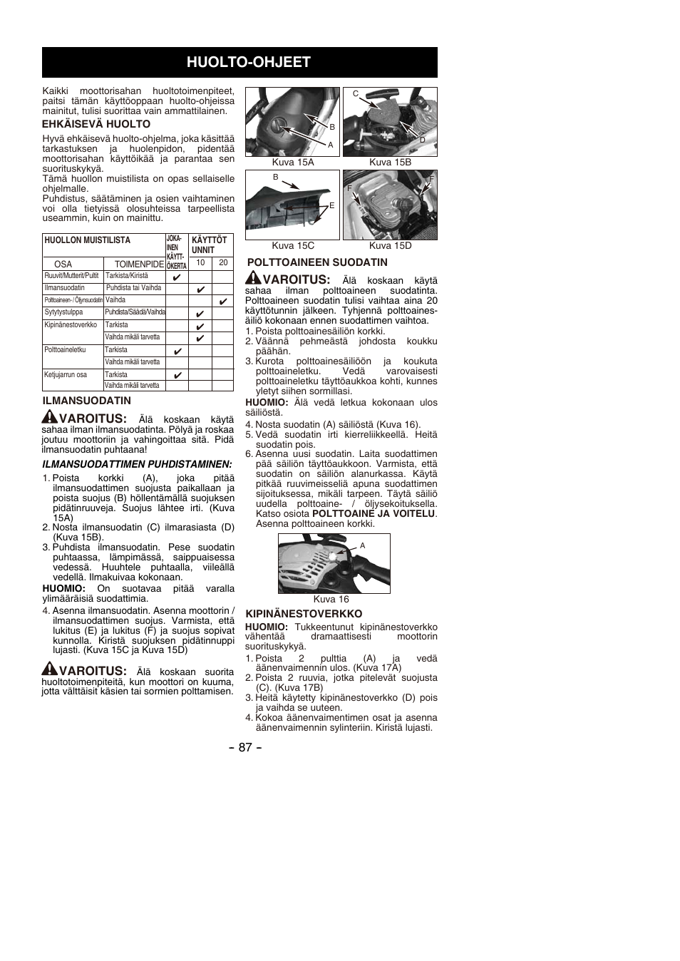 Huolto-ohjeet, Varoitus | Partner P350S 2014 User Manual | Page 87 / 124