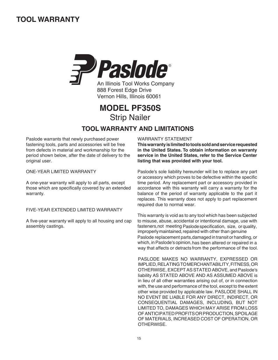 Model pf350s strip nailer | Paslode PF350S PowerFramer 30 Framing Nailer User Manual | Page 15 / 32