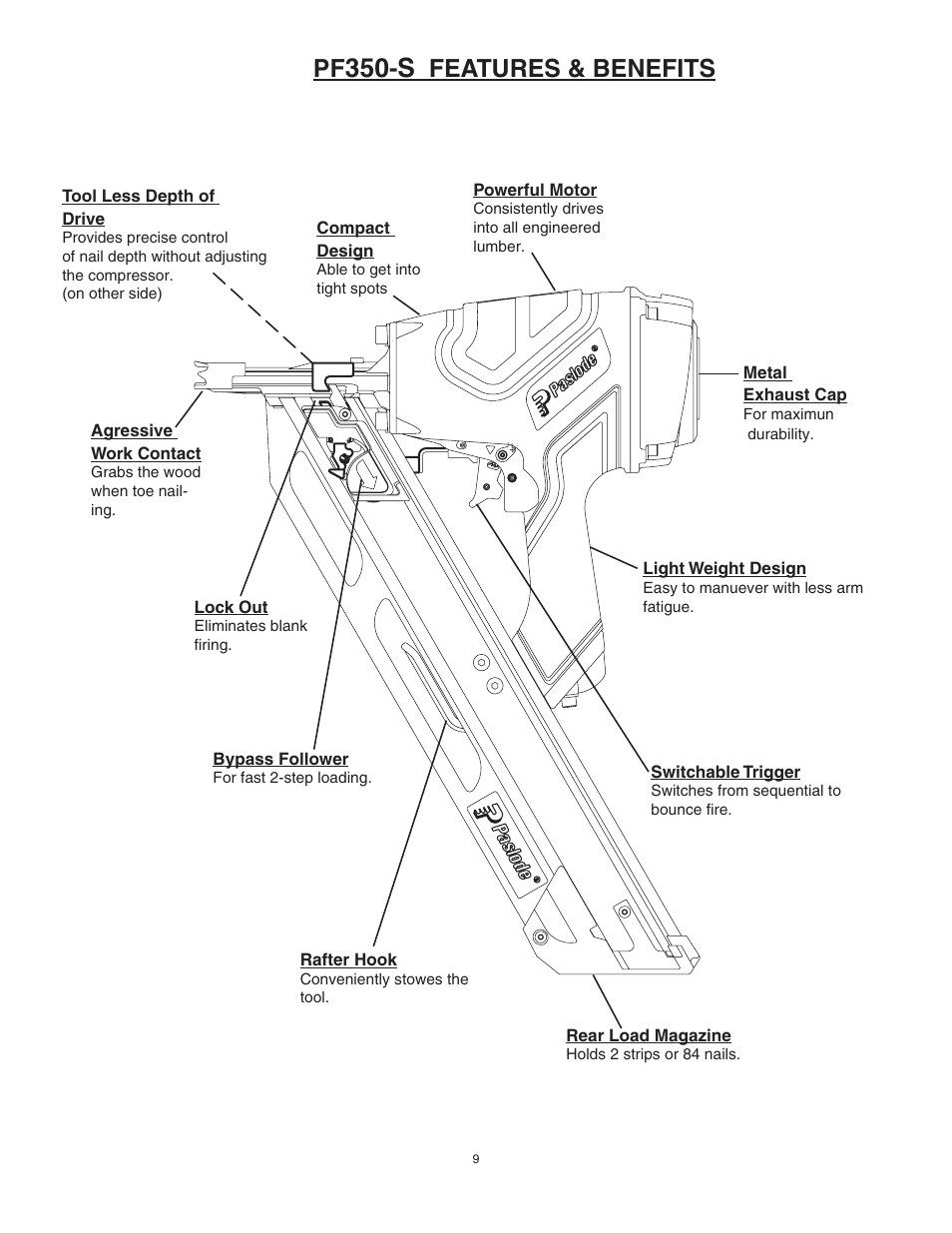 Features & benefits | Paslode PF350S PowerFramer 30 Framing Nailer User Manual | Page 9 / 32