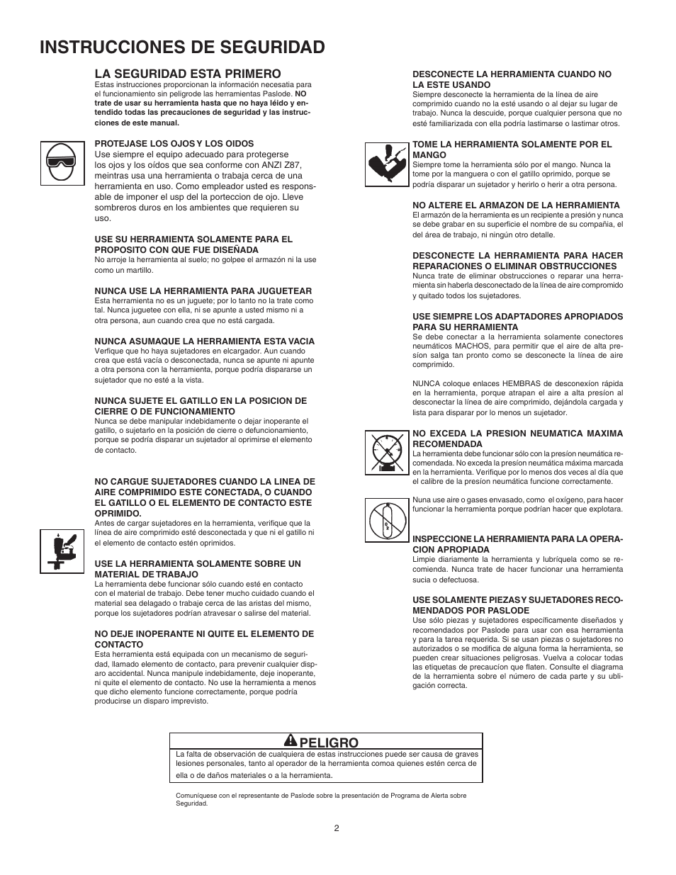 Instrucciones de seguridad, Peligro, La seguridad esta primero | Paslode F350-S PowerMaster Plus 30 Framing Nailer User Manual | Page 21 / 32