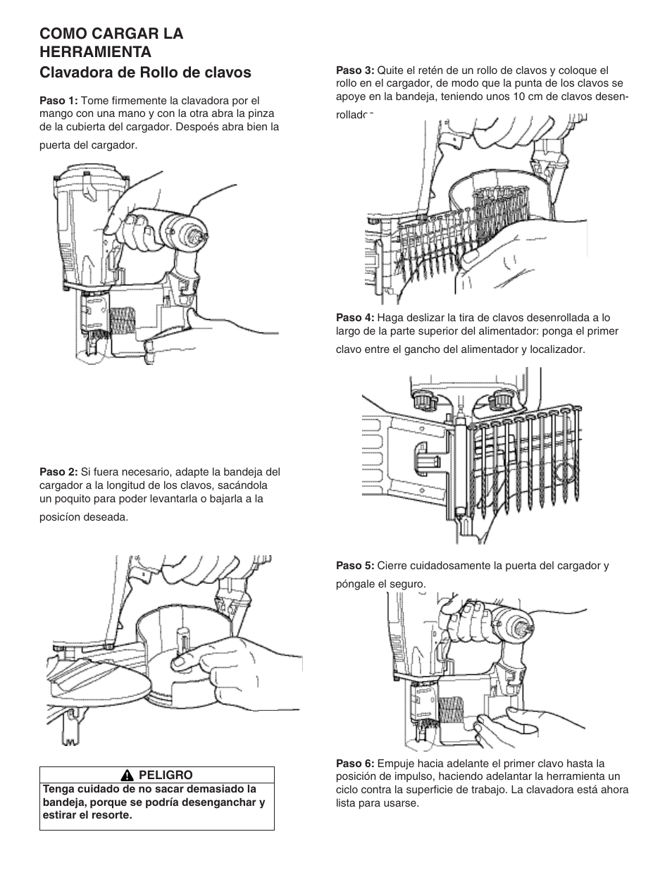 Clavadora de rollo de clavos, Como cargar la herramienta | Paslode F350-S PowerMaster Plus 30 Framing Nailer User Manual | Page 26 / 32