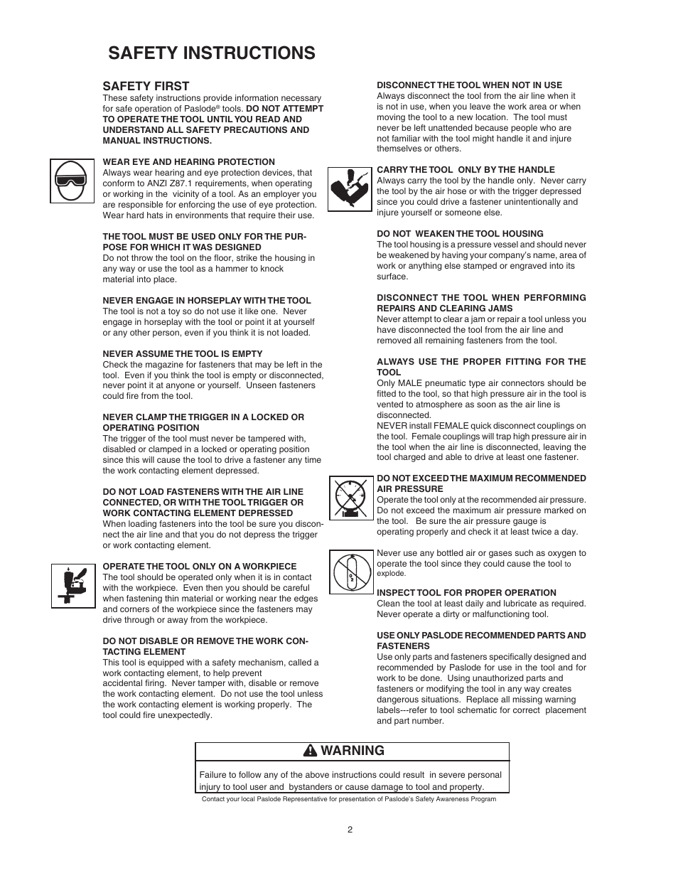 Safety instructions, Warning, Safety first | Paslode F350-S PowerMaster Plus 30 Framing Nailer User Manual | Page 4 / 32