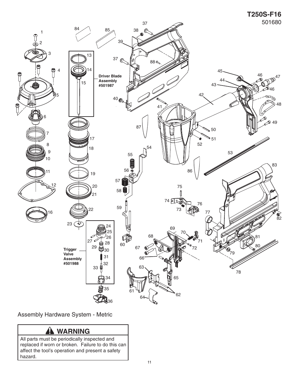 Warning, Assembly hardware system - metric | Paslode T250S-F16 16 Gauge Straight Finish Air Nailer User Manual | Page 11 / 12