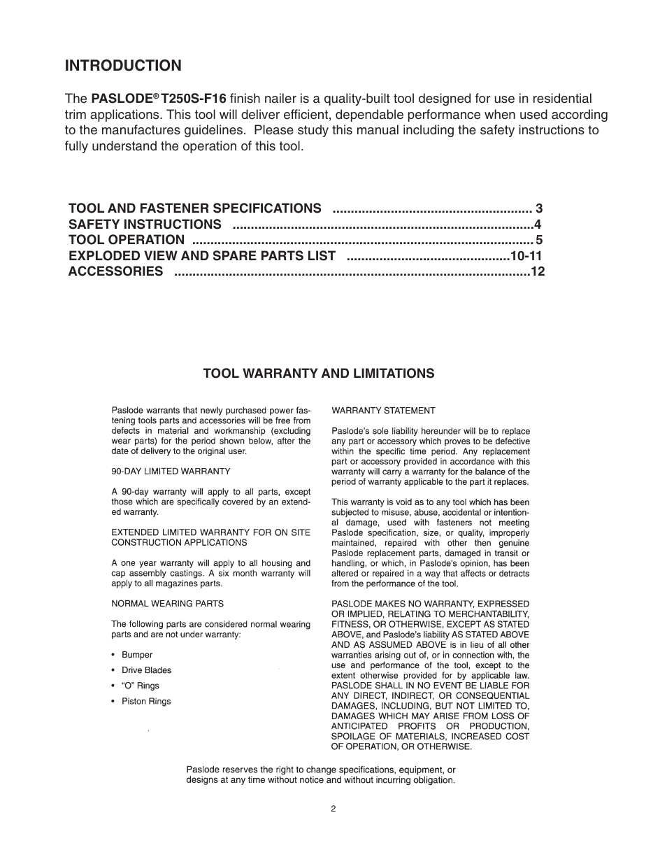 Introduction | Paslode T250S-F16 16 Gauge Straight Finish Air Nailer User Manual | Page 2 / 12
